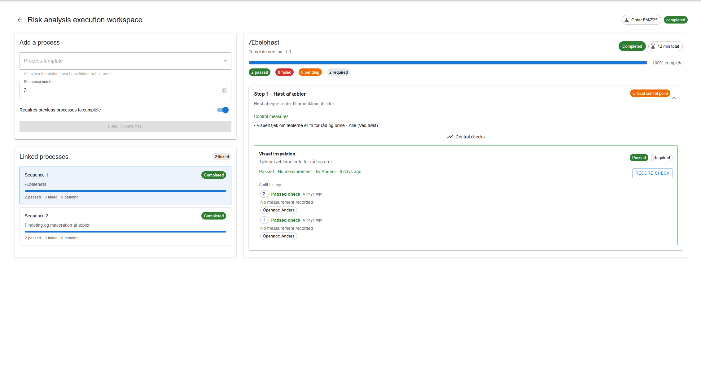Production order workspace showing control checks
